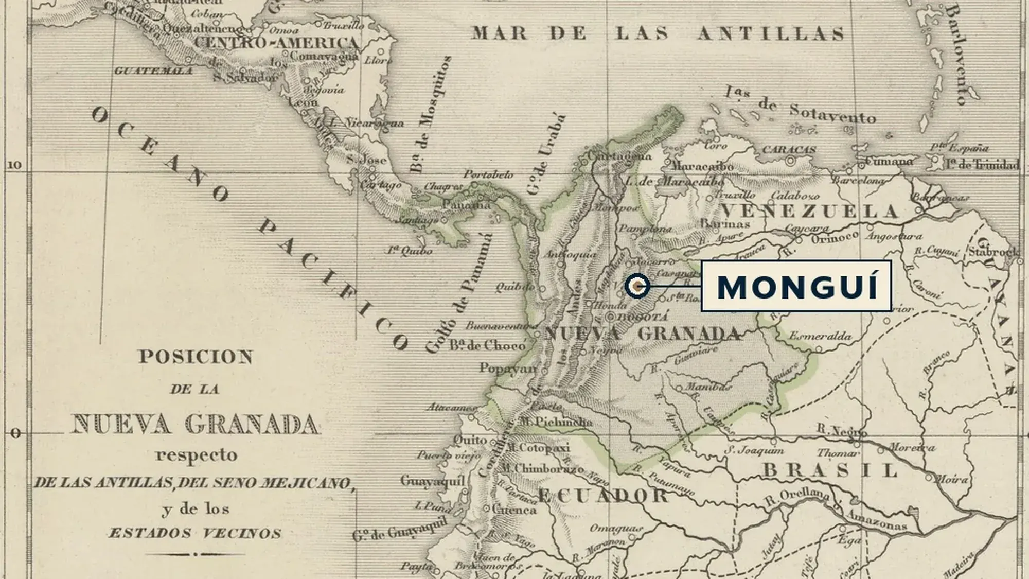 Mongu&iacute; marked on an 1847 map of Nueva Granada, the Caribbean and the Gulf.