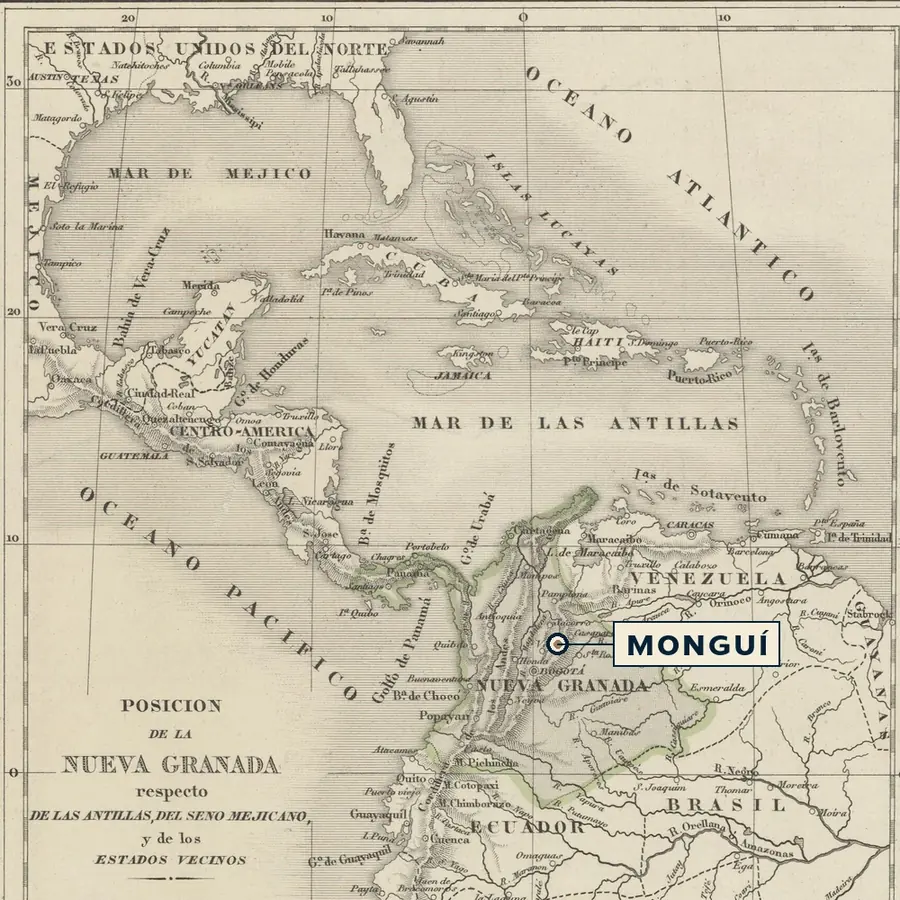 Monguí marked on an 1847 map of Nueva Granada, the Caribbean and the Gulf.