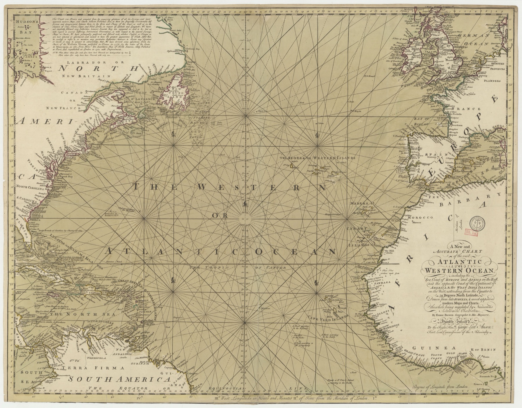 An eighteenth-century chart of the Western or Atlantic Ocean, North America and Europe, by E. Bowen, underlaying the crossings of the Gaetjens family