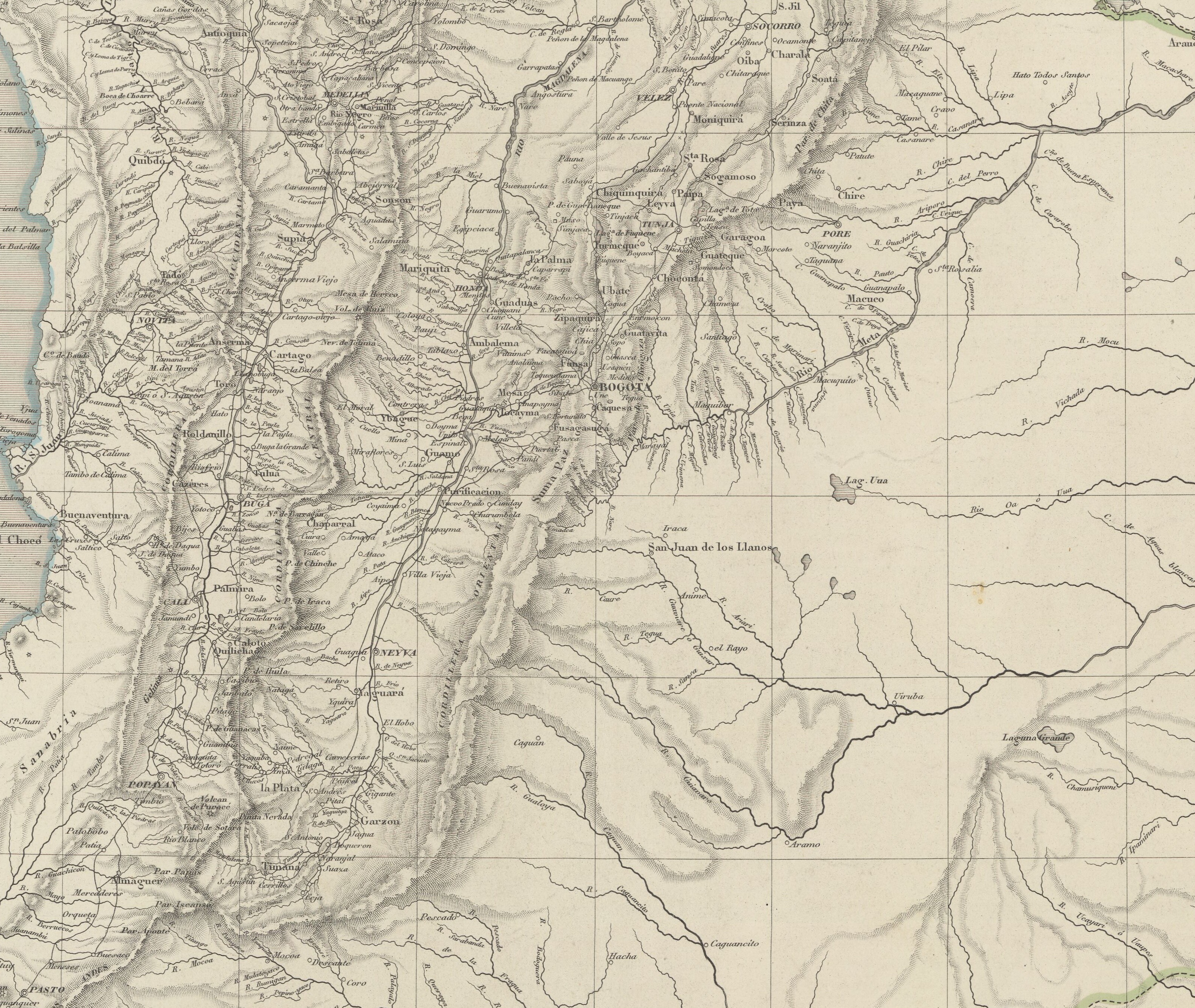 A detail of Acosta and Humboldt's 1847 chart of the Republic of Nueva Granada, the eastern cordillera around Bogotá and Boyacá, underlaying the placement of Monguí