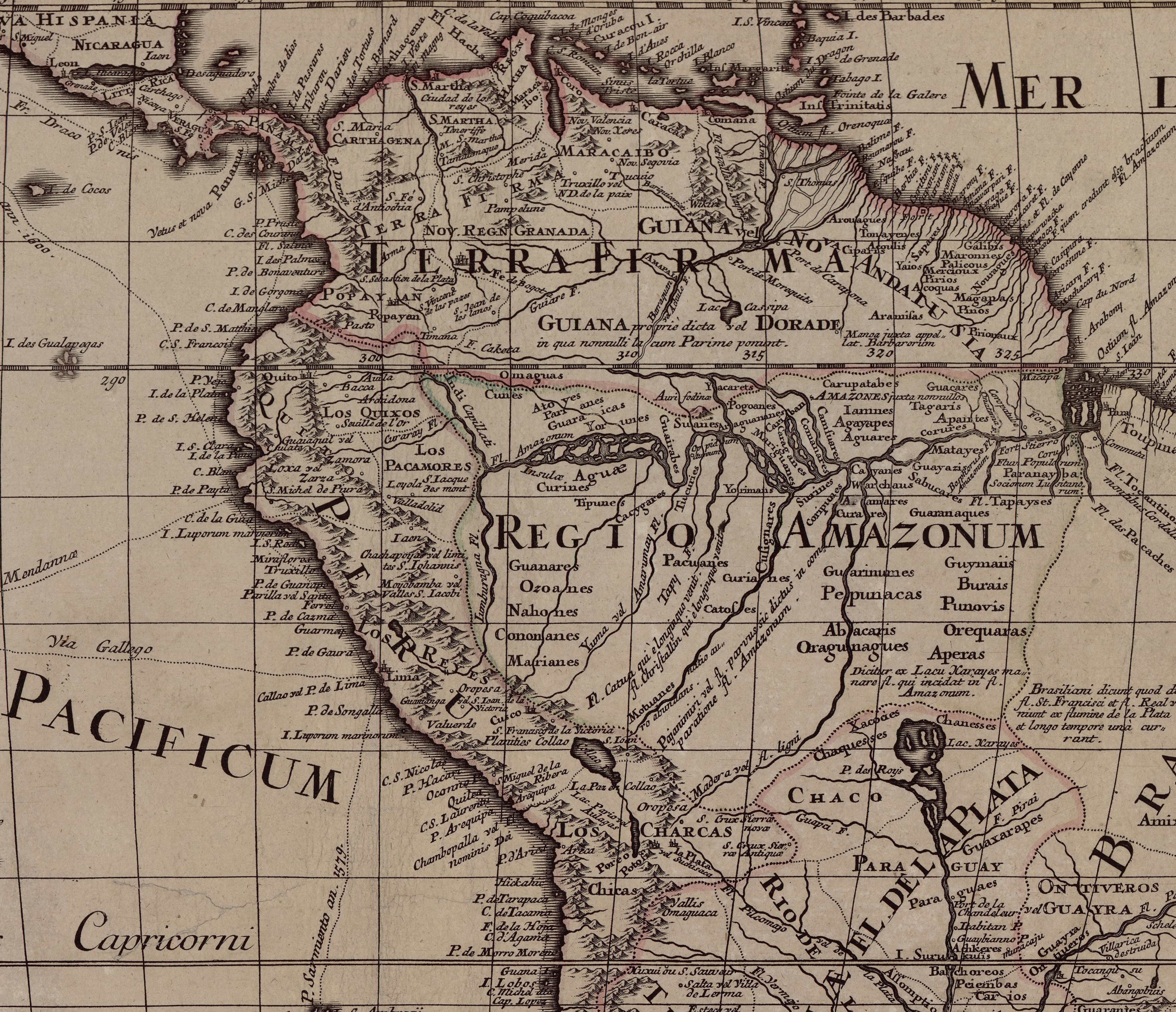 A detail of De l'Isle's chart of America Meridionalis, northern South America from Nueva Granada down through the Amazon, underlaying the conscript's route from Monguí to Manaus and back