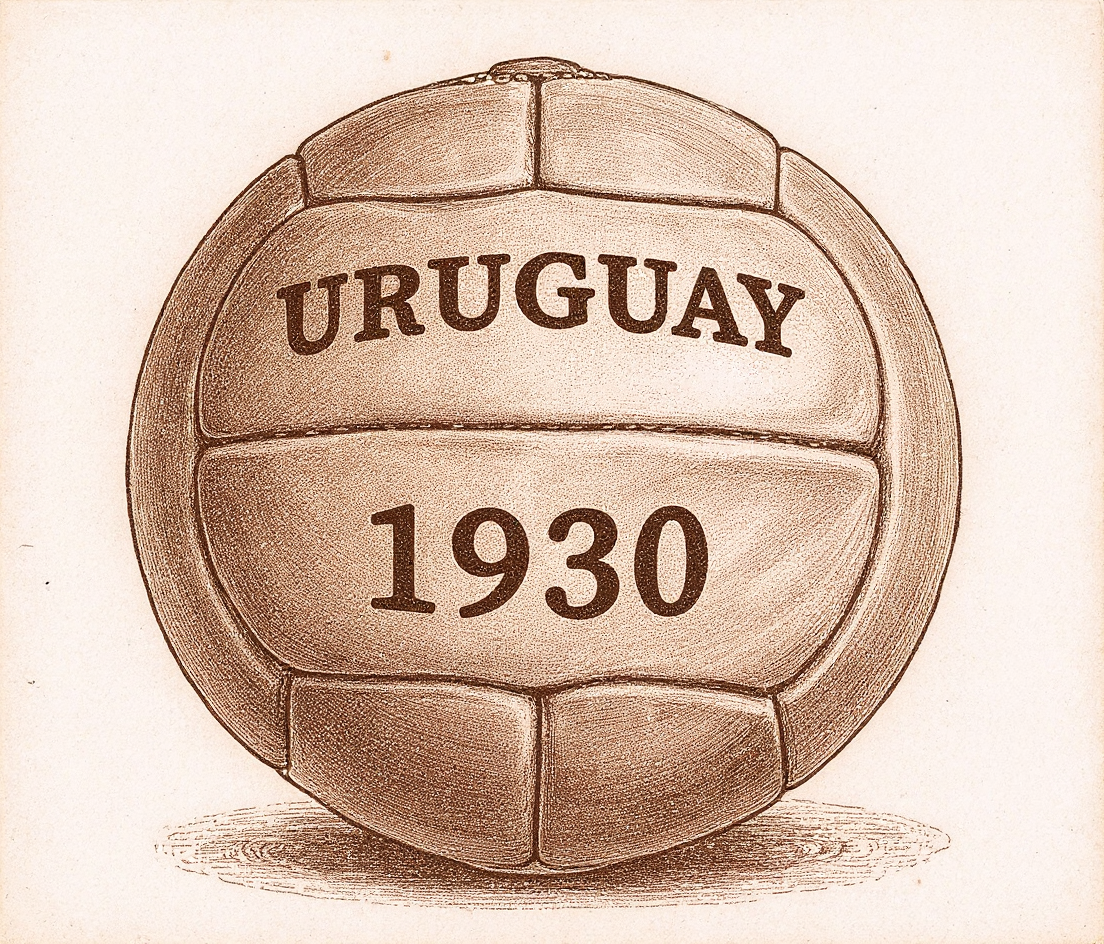 A vintage leather match ball lettered URUGUAY 1930, drawn as an engraving