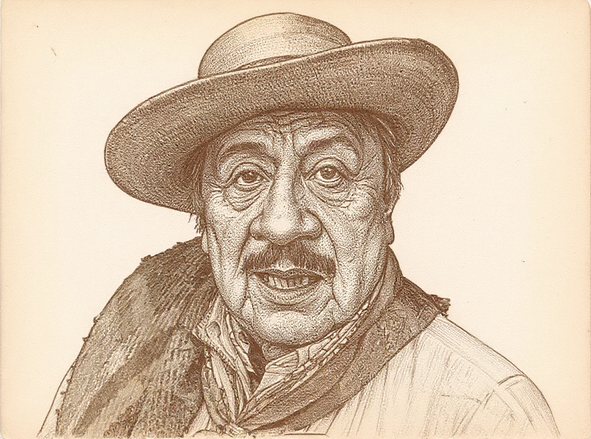 Rómulo Mora, el Indio Rómulo, a portrait drawn from a photograph, in sombrero and scarf