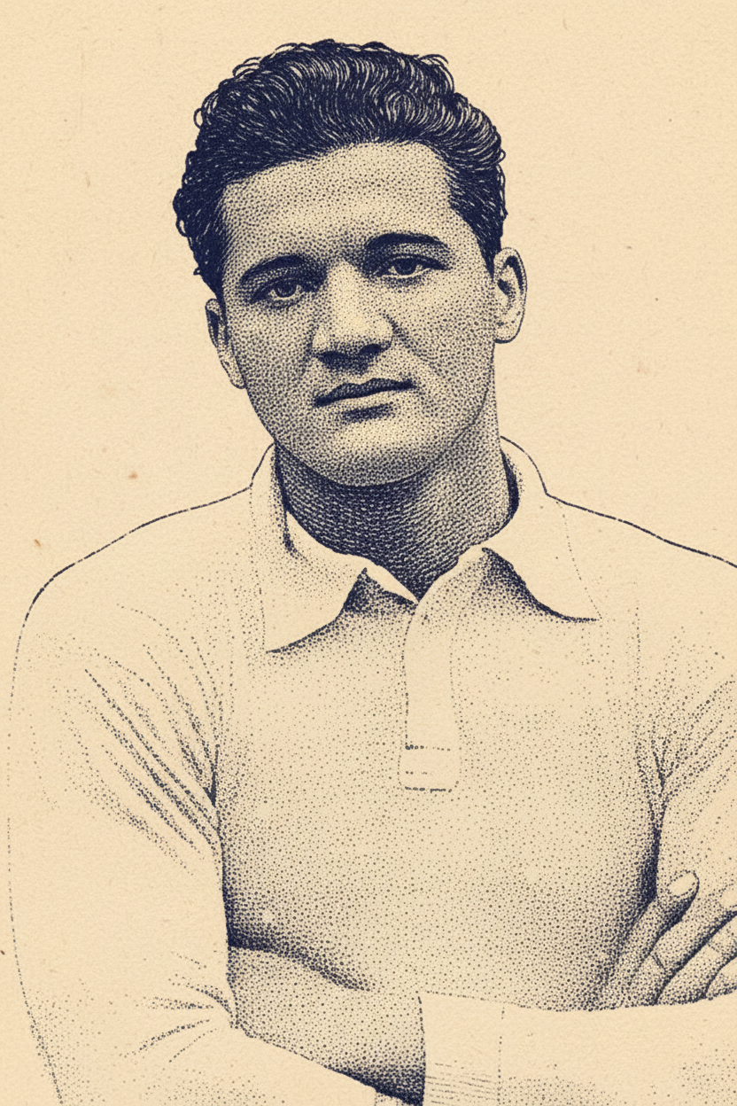 Joe Gaetjens, photographed in his playing years, in a collared kit with his arms crossed