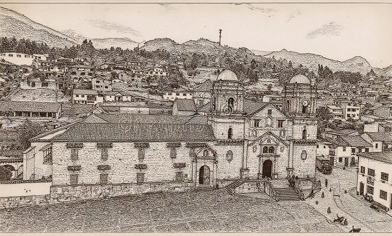 The Basilica of Our Lady of Monguí, the colonial ashlar-stone church, drawn from a photograph