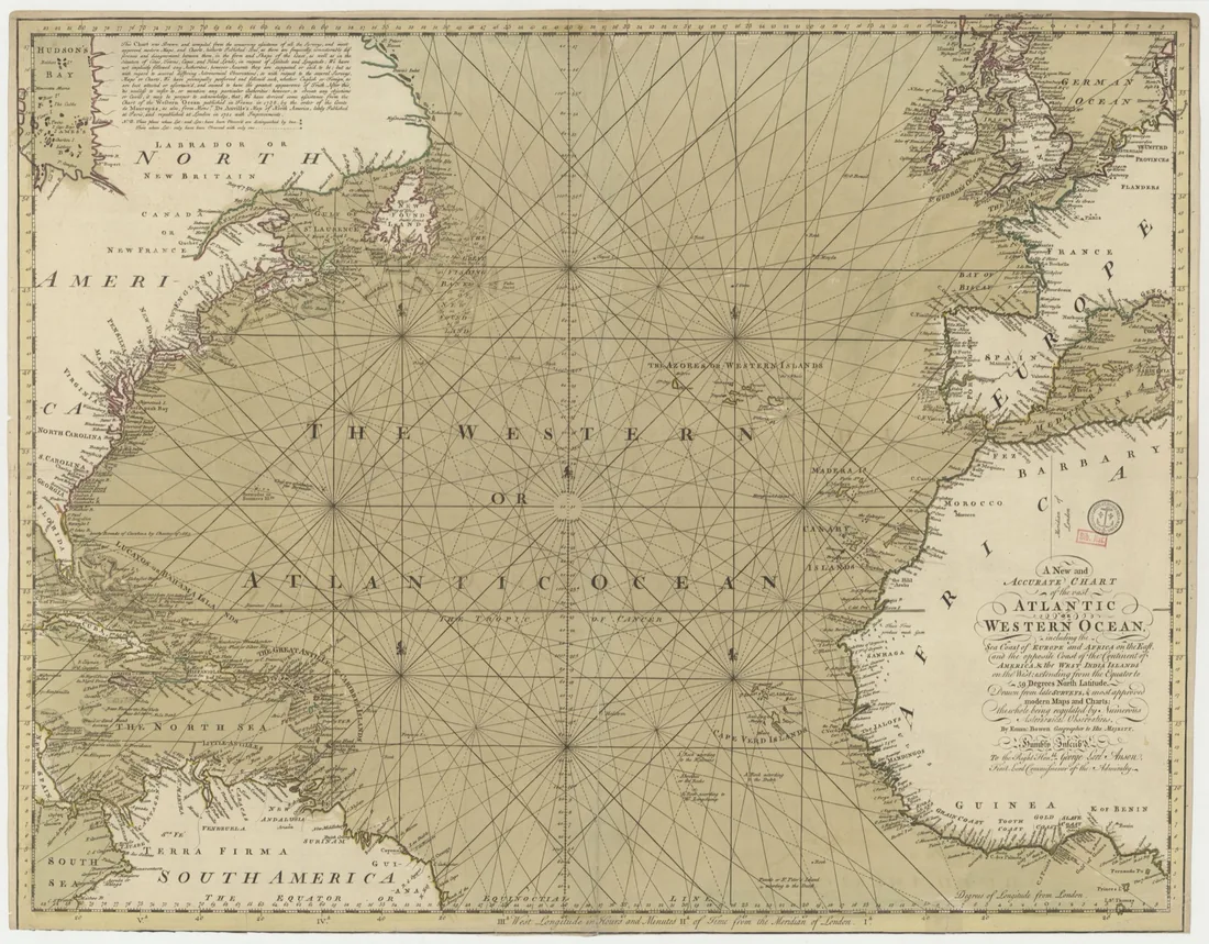 An eighteenth-century chart of the Western or Atlantic Ocean, North America and Europe, by E. Bowen, underlaying the crossings of the Gaetjens family