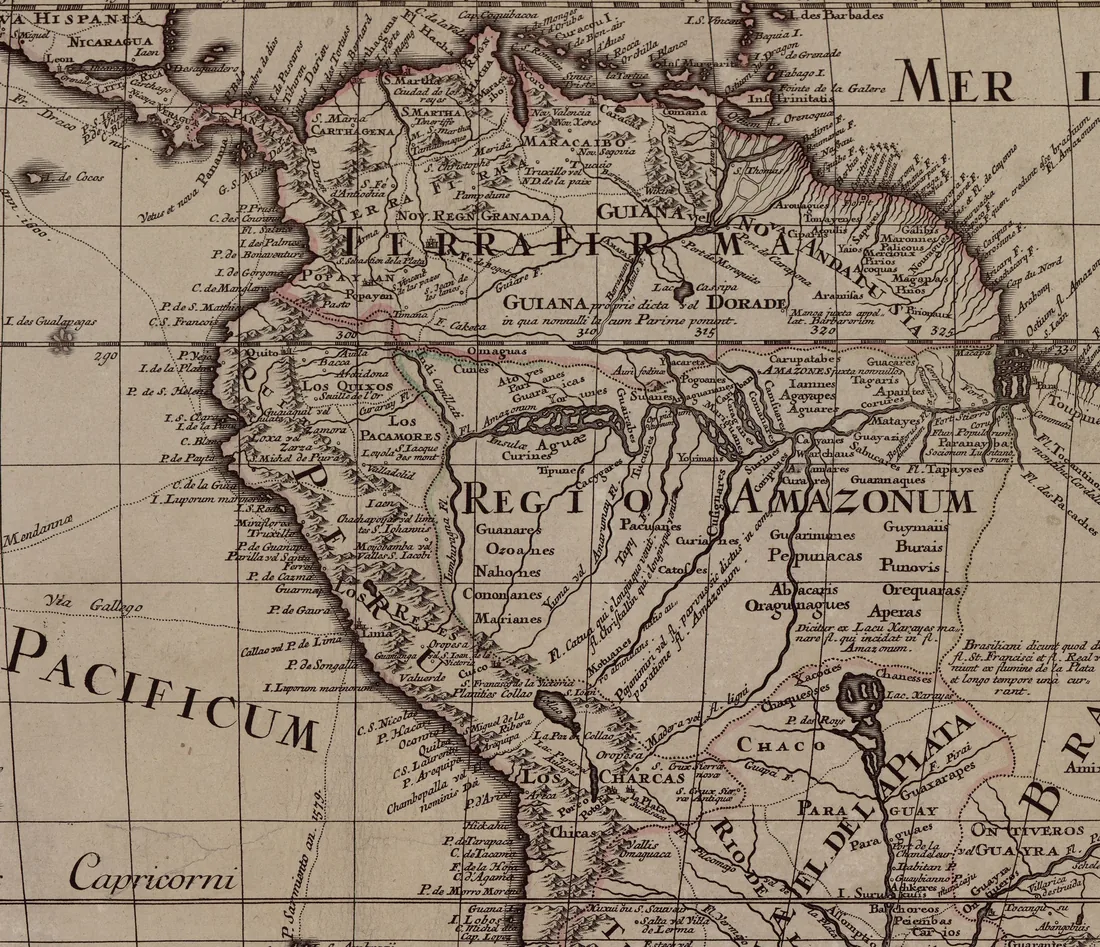 A detail of De l'Isle's chart of America Meridionalis, northern South America from Nueva Granada down through the Amazon, underlaying the conscript's route from Monguí to Manaus and back